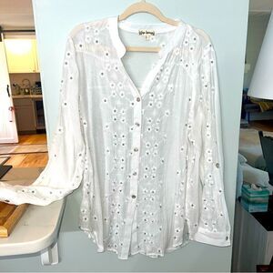 Hope Springs Sheer Embroidered white button up shirt/ cover up. Worn one time!